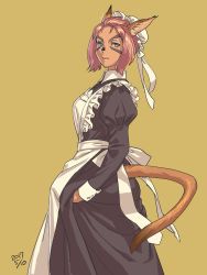 Rule 34 | 1girl, 2017, animal ears, apron, black dress, cat ears, cat girl, cat tail, closed mouth, collared dress, dark-skinned female, dark skin, dated, dress, facial mark, final fantasy, final fantasy xi, grey eyes, hat, juliet sleeves, long sleeves, maid, maid apron, mithra (ff11), mob cap, pink hair, puffy sleeves, short hair, solo, tail, victorian maid, white apron, white hat, yellow background, yuccoshi