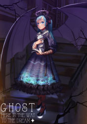 Rule 34 | 1girl, animal, aqua eyes, aqua hair, bad id, bad pixiv id, bat wings, cat, dress, english text, frilled dress, frills, full body, gothic lolita, halo, hatsune miku, high heels, highres, holding, holding animal, holding cat, lolita fashion, looking at viewer, solo, stairs, standing, twintails, vocaloid, wings, xiayehongming