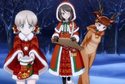 Rule 34 | 10s, 3girls, aki (girls und panzer), alternate costume, animal costume, animal ears, antlers, arms behind back, bare tree, bell, black eyes, black hair, blue eyes, blush, bow, brown hair, christmas, christmas stocking, collar, commentary, costume, fake antlers, girls und panzer, gloves, grin, haiiro purin, hair bell, hair bow, hair ornament, hairband, holly, hood, horns, instrument, kantele, leaning forward, long hair, looking at viewer, merry christmas, mika (girls und panzer), mikko (girls und panzer), mistletoe, mouth hold, multiple girls, neck bell, neck ribbon, night, one eye closed, plaid, reaching, reaching towards viewer, reindeer antlers, reindeer costume, ribbon, santa costume, short hair, short twintails, shorts, silver hair, sky, smile, snow, tree, twintails, winter, winter clothes