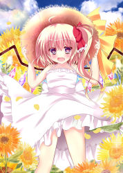 Rule 34 | 1girl, alternate costume, bad id, bad pixiv id, bare arms, blonde hair, blue sky, bow, cloud, day, dress, fang, flandre scarlet, flower, hair bow, hands on headwear, hat, looking at viewer, open mouth, petals, pink eyes, rika-tan (rikatantan), side ponytail, sky, sleeveless, sleeveless dress, smile, solo, straw hat, sundress, sunflower, touhou, white dress