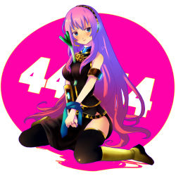 Rule 34 | 1girl, between breasts, black thighhighs, blue eyes, blush, boots, bound, bound wrists, breasts, detached sleeves, headphones, headset, highres, knee boots, long hair, long skirt, looking at viewer, megurine luka, nail polish, pink hair, side slit, skirt, solo, spring onion, thighhighs, tied up (nonsexual), unchi, vocaloid, yellow footwear