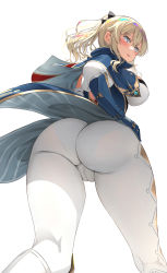 Rule 34 | 1girl, asahina hikage, ass, ass focus, blonde hair, blue capelet, blue eyes, breasts, cameltoe, capelet, cleft of venus, coattails, from below, genshin impact, hair between eyes, hands on own hips, highres, jean (genshin impact), large breasts, long hair, looking at viewer, looking back, multicolored capelet, pants, pantylines, ponytail, simple background, solo, thighs, tight clothes, tight pants, white background, white pants