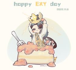 Rule 34 | 1girl, :&gt;, akechi (826988799), animification, black hair, cake, cat, character name, chibi, chinese commentary, collared shirt, crown, dated, exy (wjsn), firn, food, highres, holding, holding crown, k-pop, long hair, looking down, parted hair, real life, shirt, smile, solo, white shirt, wjsn