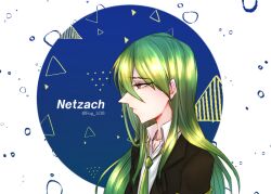 Rule 34 | 1boy, armband, black jacket, brown eyes, character name, circle, closed mouth, collared jacket, collared shirt, commentary request, from side, frown, green hair, green necktie, half-closed eyes, jacket, lobotomy corporation, long hair, long sleeves, necktie, netzach (project moon), patterned background, pointy nose, project moon, sanei (raykaro), shirt, twitter username, upper body, very long hair, white background, white shirt