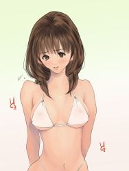 Rule 34 | 1girl, arms behind back, bare shoulders, bikini, blush, breasts, brown eyes, brown hair, highres, hip focus, i&quot;s, koro chan fan club, looking at viewer, navel, nipples, see-through, short hair, simple background, solo, standing, swimsuit, yoshizuki iori