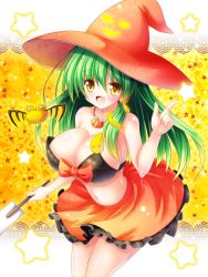 Rule 34 | 1girl, bare arms, bare shoulders, bat wings, black bra, bow, bra, breasts, cleavage, commentary request, fang, female focus, frog, gohei, green hair, hair ornament, halloween, halloween costume, hat, highres, jack-o&#039;-lantern, jewelry, kochiya sanae, large breasts, long hair, midriff, navel, necklace, oonusa, open mouth, osashin (osada), pendant, skirt, smile, snake hair ornament, solo, star (symbol), strapless, strapless bra, touhou, underwear, very long hair, wings, witch hat, yellow eyes