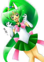 Rule 34 | 1girl, :d, bananaame, big hair, bishoujo senshi sailor moon, bow, brooch, choker, color connection, cosplay, cure march, elbow gloves, eyelashes, gloves, green eyes, green hair, green skirt, green theme, heart, heart brooch, jewelry, looking at viewer, magical girl, matching hair/eyes, midorikawa nao, open mouth, pink bow, precure, ruffling hair, sailor jupiter, sailor jupiter (cosplay), simple background, skirt, smile, smile precure!, solo, sweatdrop, text focus, tiara, translation request, tri tails, white background, white gloves