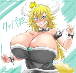 Rule 34 | 1girl, alternate eye color, armlet, blonde hair, blue eyes, blush, bowsette, bracelet, breasts, bursting breasts, cleavage, collar, green background, horns, huge breasts, jewelry, long hair, mario (series), nail, nintendo, ponytail, pov, revealing clothes, sharp teeth, smile, solo, spiked armlet, spiked bracelet, spikes, super crown, taishoo, teeth, v-shaped eyebrows