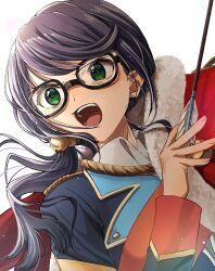 Rule 34 | 1girl, arrow (projectile), bell, black-framed eyewear, blue jacket, blush, collared shirt, dutch angle, epaulettes, fingernails, floating hair, fur-trimmed jacket, fur trim, glasses, green eyes, hair bell, hair ornament, hand up, highres, holding, holding arrow, hoshimi junna, jacket, jacket on shoulders, jingle bell, light particles, long hair, long sleeves, looking ahead, low ponytail, nori (cheiwbciwkxbdjr), open mouth, purple hair, red jacket, red sash, sash, shirt, shoujo kageki revue starlight, shoulder sash, side ponytail, simple background, solo, upper body, v-shaped eyebrows, white background, white shirt