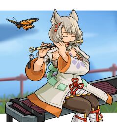 Rule 34 | 1girl, absurdres, animal, animal ear fluff, animal ears, blue sky, blurry, blurry background, boots, braid, brown pantyhose, bug, butterfly, closed eyes, commission, day, depth of field, detached sleeves, dress, grey hair, highres, holding, holding instrument, i llius, insect, instrument, instrument request, knee boots, long sleeves, mio (xenoblade), music, pantyhose, playing instrument, sitting, sky, solo, strapless, strapless dress, white dress, white footwear, white sleeves, xenoblade chronicles (series), xenoblade chronicles 3
