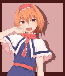 Rule 34 | 1girl, alice margatroid, blue dress, capelet, commentary request, cookie (touhou), cowboy shot, dress, frilled capelet, frilled hairband, frilled neckwear, frills, hair between eyes, hairband, highres, hinase (cookie), looking at viewer, necktie, open mouth, orange hair, pink background, red eyes, red hairband, red necktie, red sash, rizeass, sash, short hair, smile, solo, teeth, touhou, upper teeth only, white capelet