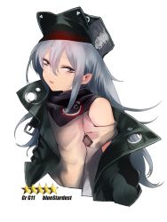 Rule 34 | 1girl, artist name, blush, breasts, brown eyes, character name, clothing cutout, coat, cropped torso, g11 (girls&#039; frontline), girls&#039; frontline, green coat, grey shirt, hair between eyes, hat, highres, kojima (blue stardust), long hair, looking at viewer, open clothes, open coat, open mouth, scarf, scarf on head, shirt, shoulder cutout, sidelocks, silver hair, simple background, small breasts, solo, very long hair, white background
