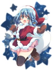 Rule 34 | 1girl, :d, belt, black thighhighs, blue eyes, blue hair, blush, boots, braid, character request, commentary request, copyright request, hat, matching hair/eyes, mittens, neneko-n, open mouth, over-kneehighs, sack, santa costume, santa hat, short hair, skirt, sky, smile, solo, star (sky), star (symbol), starry sky, thighhighs