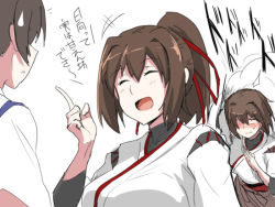 Rule 34 | 10s, 3girls, ^ ^, back, blush, bow, breasts, brown eyes, brown hair, closed eyes, hair bow, hair ribbon, hyuuga (kancolle), ise (kancolle), japanese clothes, kaga (kancolle), kantai collection, large breasts, multiple girls, open mouth, personification, ponytail, ribbon, running, short hair, side ponytail, skirt, smile, sweatdrop, text focus, translation request, ulrich (tagaragakuin)