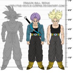 Rule 34 | 2boys, dragon ball, dragonball z, flat color, full body, lowres, male focus, multiple boys, partially colored, size chart, son goku, super saiyan, the-devils-corpse (artist), trunks (dragon ball), trunks (future) (dragon ball), white background