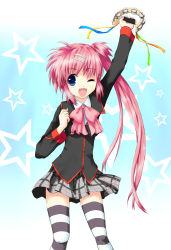 Rule 34 | 1girl, asterisk (asterism), blue eyes, bow, hair bobbles, hair ornament, hairclip, instrument, little busters!, long hair, one eye closed, pink bow, pink hair, plaid, plaid skirt, ponytail, purple hair, ribbon, saigusa haruka, school uniform, side ponytail, skirt, solo, star (symbol), striped clothes, striped thighhighs, tambourine, thighhighs, wink