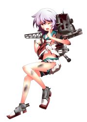 Rule 34 | 10s, 1girl, blush, damaged, fang, full body, kantai collection, machinery, official art, one eye closed, open mouth, purple hair, red eyes, school uniform, serafuku, short hair, short sleeves, shorts, solo, tama (kancolle), torn clothes, transparent background, turret, ugume
