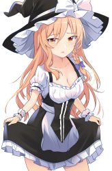 Rule 34 | 1girl, black dress, black hat, blonde hair, blue ribbon, blush, braid, breasts, cleavage, clothes lift, collarbone, commentary, cowboy shot, dress, dress lift, duplicate, e.o., english commentary, frilled dress, frills, hair ribbon, hat, hat ribbon, highres, kirisame marisa, lifted by self, long hair, medium breasts, open mouth, pixel-perfect duplicate, puffy short sleeves, puffy sleeves, ribbon, short sleeves, simple background, single braid, solo, standing, thighs, touhou, tress ribbon, white background, white ribbon, witch hat, wrist cuffs, yellow eyes