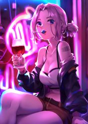 Rule 34 | 1girl, absurdres, alcohol, barcode, barcode tattoo, belt, blue eyes, breasts, candy, cleavage, commentary request, cup, drinking glass, food, hair pulled back, highres, large breasts, crossed legs, light purple hair, lips, lollipop, looking at viewer, midriff, mr.lime, neon lights, nose, off-shoulder jacket, off shoulder, original, short ponytail, short shorts, shorts, shoulder tattoo, sitting, solo, tattoo, wine, wine glass