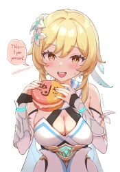 Rule 34 | 1girl, absurdres, blonde hair, blush, breasts, cleavage, commentary, dress, english commentary, english text, feather hair ornament, feathers, flower, food, genshin impact, gloves, hair flower, hair ornament, hands up, highres, holding, holding food, large breasts, lumine (genshin impact), macaron, open mouth, partially fingerless gloves, scar, screenshot inset, short hair, short hair with long locks, sidelocks, simple background, solo, sweat, twitter username, vision (genshin impact), vitashogun, white background, white dress, white flower, yellow eyes
