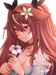Rule 34 | 1girl, animal ear fluff, black bow, black choker, blush, bow, breasts, brown hair, choker, cleavage, closed mouth, commentary, commission, english commentary, english text, fiwi (vtuber), flower, hair bow, hair flower, hair intakes, hair ornament, happy birthday, holding, holding flower, indie virtual youtuber, long hair, looking down, multicolored hair, red eyes, simple background, smile, solo, streaked hair, temachii, two side up, upper body, virtual youtuber, white background