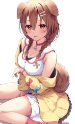 Rule 34 | 1girl, animal ears, bare shoulders, blush, braid, breasts, brown hair, cleavage, collar, collarbone, dog ears, dog girl, dog tail, foot out of frame, hair ornament, hairpin, highres, hololive, inugami korone, inugami korone (1st costume), jacket, long hair, looking at viewer, medium breasts, parted lips, removing jacket, shirt, simple background, sitting, skirt, sleeveless, sleeveless shirt, smile, solo, tail, twin braids, virtual youtuber, wariza, white background, white shirt, white skirt, yellow jacket, yumenone (conectarts)