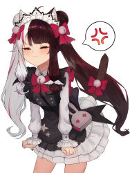 Rule 34 | 1girl, anger vein, animal ears, bell, black dress, black hair, bow, cat ears, cat girl, cat tail, closed eyes, dress, frilled dress, frills, hair bell, hair bow, hair ornament, highres, jingle bell, long hair, maid headdress, multicolored hair, neck bell, nijisanji, pinafore dress, pout, red bow, red hair, sidelocks, simple background, sleeveless, sleeveless dress, solo, split-color hair, streaked hair, tail, toima (beat0829), twintails, two-tone hair, virtual youtuber, white background, white dress, white hair, yorumi rena, yorumi rena (5th costume)