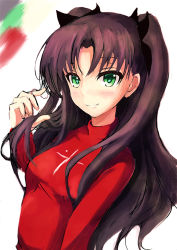 Rule 34 | 1girl, bad id, bad pixiv id, blush, bow, brown hair, fate/stay night, fate (series), green eyes, hair bow, kanogi, looking at viewer, sketch, smile, solo, tohsaka rin, two side up, upper body