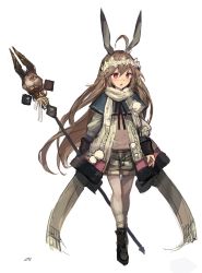 Rule 34 | 1girl, :o, ahoge, animal ears, arm warmers, artist name, black ribbon, blush, boots, brown hair, buttons, capelet, coat, full body, hair between eyes, head wreath, kneehighs, lance, lm7 (op-center), long hair, nose blush, open mouth, original, polearm, pom pom (clothes), rabbit ears, red eyes, ribbon, rod, scarf, shorts, simple background, sleeves past elbows, socks, solo, staff, thigh gap, unbuttoned, very long hair, weapon, white background, white socks
