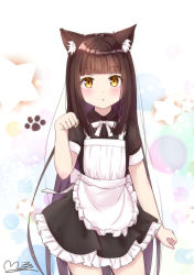 Rule 34 | 1girl, alternate costume, apron, azur lane, black hair, blunt bangs, commentary request, enmaided, frilled apron, frilled skirt, frills, long hair, looking at viewer, m ko (maxft2), maid, maid apron, nagato (azur lane), parted lips, paw pose, paw print, short sleeves, sidelocks, signature, simple background, skirt, solo, yellow eyes