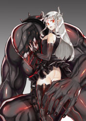 Rule 34 | 1girl, absurdres, artist request, ass, bad id, bad pixiv id, bare shoulders, black nails, black skin, chain, collar, colored skin, facial mark, fang, forehead mark, gradient background, grey background, hand on another&#039;s head, hand on own chest, highres, horns, long hair, looking back, muscular, nail polish, original, photoshop (medium), pointy ears, skirt, teeth, thighhighs, tongue, tsukishiro yashiro, white hair, white skin
