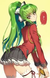 Rule 34 | 1girl, ?, amagi brilliant park, boots, bow, c.c., code geass, cosplay, creayus, gradient background, green hair, hair bow, holding, leaning forward, long hair, looking at viewer, lossy-lossless, pleated skirt, ponytail, sento isuzu, sento isuzu (cosplay), skirt, solo, thighhighs, uniform, white thighhighs, yellow eyes, zettai ryouiki
