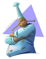 Rule 34 | 1boy, belly, blonde hair, braided mustache, chef, chef hat, cropped torso, crossed arms, facial hair, frown, goatee, hat, highres, keysandcrosses, long mustache, male focus, mustache, old, old man, one piece, red-leg zeff, sanpaku, solo, tsurime, two-tone background, very long mustache, wrinkled skin