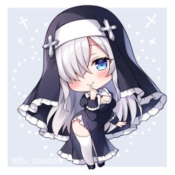 Rule 34 | 1girl, black dress, black footwear, blue eyes, blush, breasts, chibi, cleavage, closed mouth, commentary request, cross, dress, finger to mouth, frilled dress, frills, full body, grey background, grey hair, hair over one eye, hand up, high heels, latin cross, long hair, looking at viewer, medium breasts, mitsuba choco, nun, original, shoes, shushing, side slit, smile, solo, sparkle, standing, thighhighs, twitter username, two-tone background, veil, very long hair, white background, white thighhighs