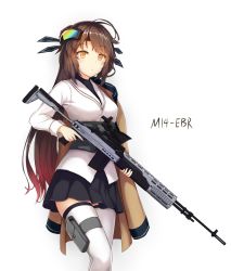Rule 34 | 1girl, alternate costume, battle rifle, belt pouch, black ribbon, black skirt, blush, breasts, brown hair, brown jacket, closed mouth, collared jacket, expressionless, eyewear on head, girls&#039; frontline, goggles, goggles on head, gun, guo582, hair ribbon, highres, jacket, jacket on shoulders, long hair, long sleeves, m14, m14 (girls&#039; frontline), mid-stride, multicolored hair, pouch, ribbon, rifle, shirt, sidelocks, simple background, skirt, solo, thigh pouch, thighhighs, thighs, trigger discipline, twintails, undershirt, very long hair, weapon, white background, white shirt, white thighhighs, yellow eyes, zettai ryouiki