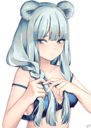 Rule 34 | 1girl, animal ears, arknights, bare arms, bare shoulders, bear ears, blue bra, blue eyes, blue hair, bra, braid, collarbone, commentary, commentary request, highres, istina (arknights), long hair, no eyewear, signature, simple background, single braid, solo, strap slip, symbol-only commentary, underwear, underwear only, upper body, wakamepiza, white background