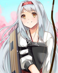 Rule 34 | 10s, 1girl, archery, bad id, bad pixiv id, blush, bow (weapon), brown eyes, cherry blossoms, eko, flight deck, hairband, japanese clothes, kantai collection, kyuudou, long hair, muneate, personification, shoukaku (kancolle), skirt, smile, solo, tree, weapon, white hair