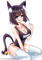 Rule 34 | 1girl, animal ear fluff, animal ears, artist name, azur lane, bell, black hair, black one-piece swimsuit, blush, breasts, cat ears, fang, highres, katou shinobu, large breasts, looking at viewer, mask, mask on head, one-piece swimsuit, open mouth, red eyes, school swimsuit, short hair, smile, solo, swimsuit, tail, thighhighs, white thighhighs, yamashiro (azur lane)