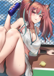 Rule 34 | 1girl, absurdres, aqua hair, azur lane, bare shoulders, black panties, blush, bottle, breasts, bremerton (azur lane), bremerton (scorching-hot training) (azur lane), chain-link fence, crop top, crop top overhang, fence, hair between eyes, hair ornament, hairclip, heart, heart necklace, highres, holding, holding bottle, jewelry, kitk qun, large breasts, long hair, looking at viewer, manjuu (azur lane), multicolored hair, necklace, panties, pink eyes, pink hair, shirt, sleeveless, sleeveless shirt, sportswear, streaked hair, sweat, sweatdrop, tennis court, tennis uniform, thighs, tongue, tongue out, twintails, two-tone shirt, two-tone skirt, underwear, water bottle, x hair ornament