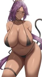 Rule 34 | 1girl, absurdres, arms behind back, bell, bikini, black bikini, black choker, bleach, blush, breasts, brown eyes, choker, cleavage, closed mouth, collarbone, curvy, dark-skinned female, dark skin, hair ornament, highres, jasony, large breasts, long hair, looking at viewer, navel, neck bell, parted bangs, ponytail, purple hair, revision, shihouin yoruichi, simple background, smile, solo, swimsuit, tail, thigh strap, thighs, white background