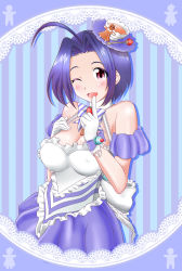 Rule 34 | 1girl, absurdres, ahoge, border, cup, eva 16-gouki, food, fruit, gingerbread man, gloves, hair ornament, highres, idolmaster, idolmaster (classic), lace, lace border, looking at viewer, miura azusa, one eye closed, open mouth, ornate border, purple eyes, purple hair, ribbon, short hair, solo, strawberry, teacup