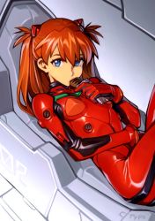 Rule 34 | 1girl, bad id, bad twitter id, blue eyes, bodysuit, breasts, breasts apart, candy, candy bar, cockpit, commentary, eating, english commentary, food, hair between eyes, interface headset, looking at viewer, mecha interior, multicolored bodysuit, multicolored clothes, neon genesis evangelion, optionaltypo, orange hair, pilot suit, plugsuit, red bodysuit, shiny clothes, skinny, small breasts, solo, souryuu asuka langley