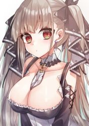 Rule 34 | 1girl, azur lane, blunt bangs, brown hair, collarbone, commentary request, detached sleeves, earrings, formidable (azur lane), hair ribbon, head tilt, highres, jewelry, long hair, looking at viewer, maid, orange eyes, ougi (u to4410), ribbon, sidelocks, solo, twintails, white background