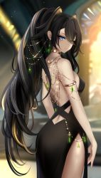 Rule 34 | 1girl, 707arisu, alternate costume, armlet, ass, backless dress, backless outfit, backlighting, bare arms, bare back, bare shoulders, black dress, black hair, blonde hair, blue eyes, blurry, blurry background, breasts, chain, closed mouth, dark-skinned female, dark skin, dehya (genshin impact), depth of field, dress, drop earrings, earrings, eyeliner, eyes visible through hair, from behind, gem, genshin impact, glint, gold chain, gold choker, green gemstone, hair intakes, highres, jewelry, large breasts, long hair, looking at viewer, looking back, median furrow, multicolored hair, red eyeliner, side slit, solo, streaked hair, thighs, very long hair