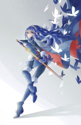 Rule 34 | 1girl, aya (8819062), blue eyes, blue hair, bug, butterfly, cape, fire emblem, fire emblem awakening, highres, holding, holding sword, holding weapon, bug, looking at viewer, lucina (fire emblem), nintendo, simple background, solo, sword, unsheathed, weapon