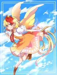Rule 34 | animal, animal on head, bird, bird on head, bird tail, bird wings, blonde hair, blue sky, brown footwear, chick, chicken, commentary request, dress, feathered wings, highres, miyapon531, multicolored hair, niwatari kutaka, on head, orange dress, red hair, shirt, short hair, sky, smile, tail, touhou, two-tone hair, white shirt, wings, yellow wings