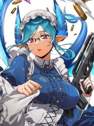 Rule 34 | apron, blue hair, blue horns, breasts, bullpup, collared dress, dragon girl, dragon horns, dragon wings, dress, fins, fish tail, frilled apron, frills, glasses, gun, hat, highres, holding, holding clothes, holding dress, holding gun, holding weapon, horns, large breasts, long sleeves, maid, maid headdress, melusine (housamo), mob cap, nizitaro, open mouth, pink eyes, pointy ears, puffy long sleeves, puffy sleeves, shell casing, short hair, solo, tail, tokyo houkago summoners, upper body, weapon, white background, wings