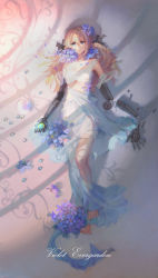 Rule 34 | 10s, 1girl, absurdres, bandages, barefoot, bed sheet, blonde hair, blue eyes, breasts, broken, character name, cleavage, collarbone, copyright name, e=mc2 (qq53712033), flower, from above, full body, hair between eyes, hair flower, hair ornament, highres, jewelry, long hair, long skirt, lying, mechanical arms, medium breasts, on back, purple flower, shadow, single mechanical arm, skirt, solo, unworn jewelry, violet evergarden, violet evergarden (series), white skirt