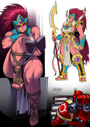 Rule 34 | armor, book, colored skin, gauntlets, gender request, genderswap, glowing, glowing eye, headdress, highres, holding, holding weapon, horns, leg up, magnus the red, muscular, muscular female, reading, red hair, red skin, ryuusei (mark ii), sandals, thick thighs, thighs, thousand sons, warhammer 40k, weapon