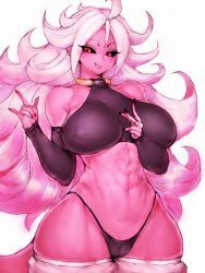 Rule 34 | 1girl, \m/, abs, android 21, big hair, black panties, black sclera, breasts, cameltoe, closed mouth, colored sclera, colored skin, covered erect nipples, cowboy shot, crop top, detached sleeves, dragon ball, dragon ball fighterz, ear piercing, fang, fing, fumio (rsqkr), grey background, highres, large breasts, lips, long hair, looking to the side, majin android 21, nail polish, navel, panties, parted bangs, piercing, pink hair, pink skin, pink theme, red eyes, simple background, sleeveless, smile, solo, thick thighs, thighs, thong, underwear, very long hair, white background, white legwear, wide hips
